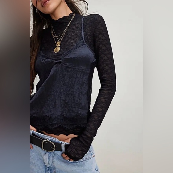 NWOT Free People Intimately From the Start Mock Neck Lace LS Top Small Black - Picture 4 of 11